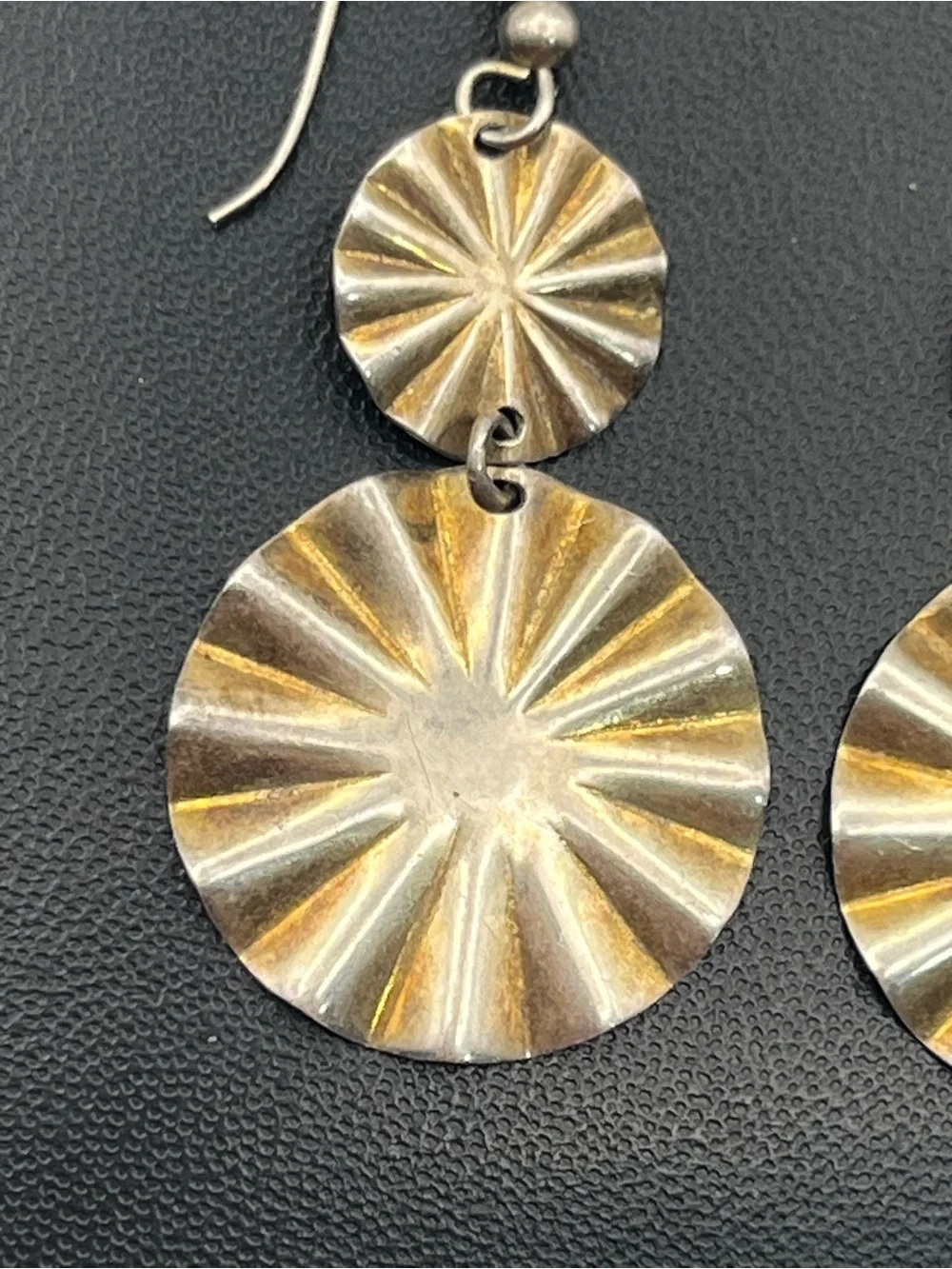 Gold washed sterling silver textured round scalloped dangle vintage earrings